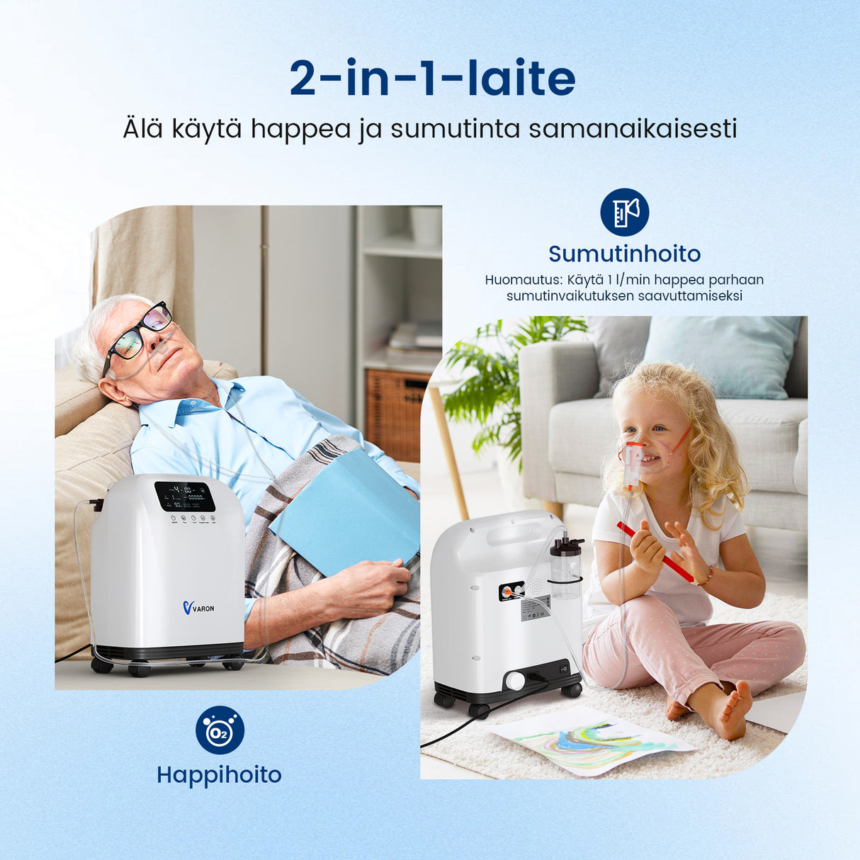 VARON VH-4 kotikäyttöinen happikonsentraattori – 1–9 tasoa säädettävä virtaus, mukava ja hiljainen happihoito, CE-sertifioitu